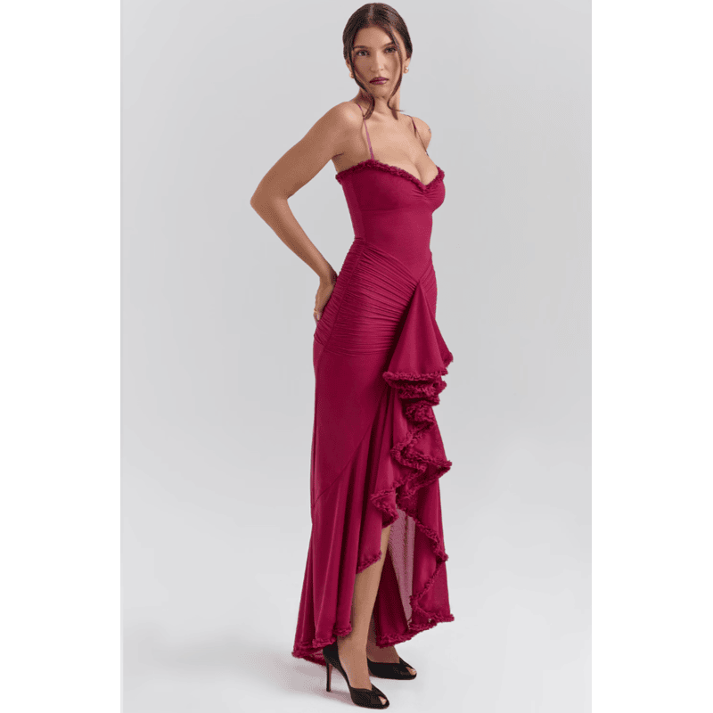 Leah | Lang kjole med slids og flæser