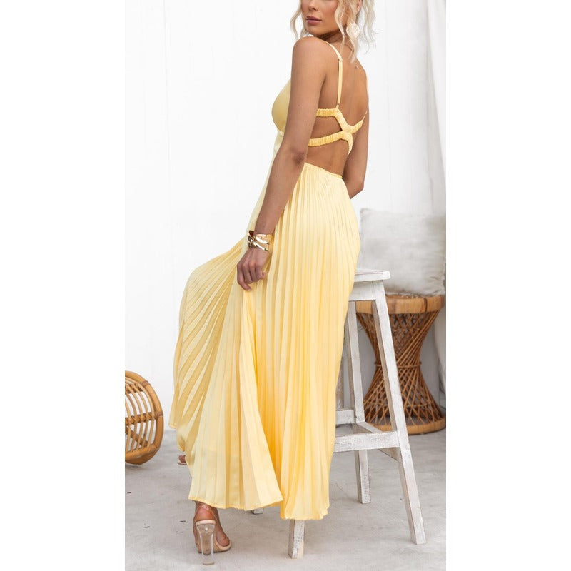 Aby - Gul maxikjole med plisseret V-udskæring