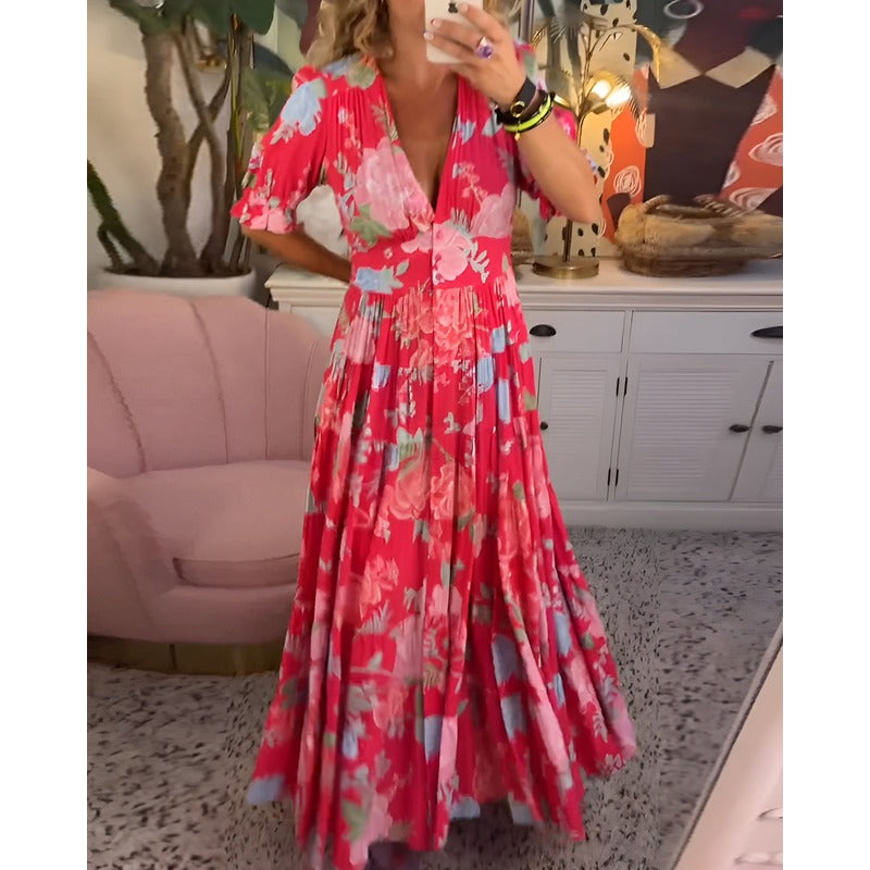 Carine™ | Blomsterprintet lommekjole med V-hals