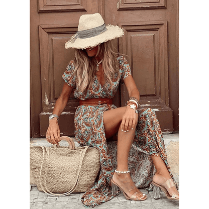 Maiken™ - Lang boheme-kjole med plisseret talje