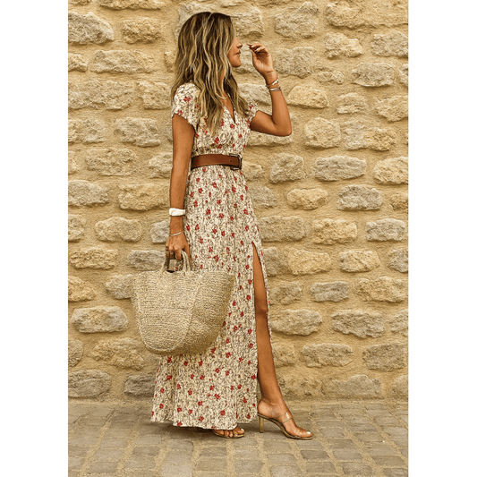 Maiken™ - Lang boheme-kjole med plisseret talje