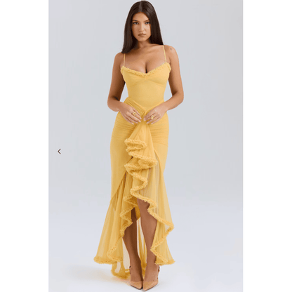 Leah | Lang kjole med slids og flæser