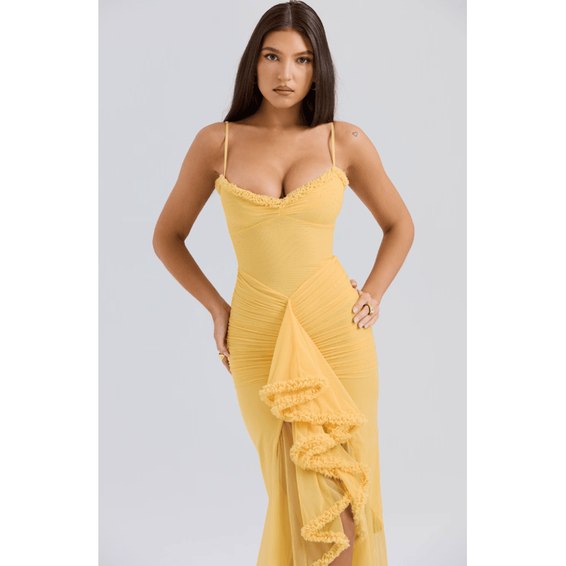 Leah | Lang kjole med slids og flæser