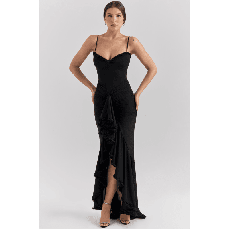 Leah | Lang kjole med slids og flæser