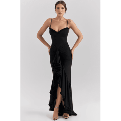 Leah | Lang kjole med slids og flæser