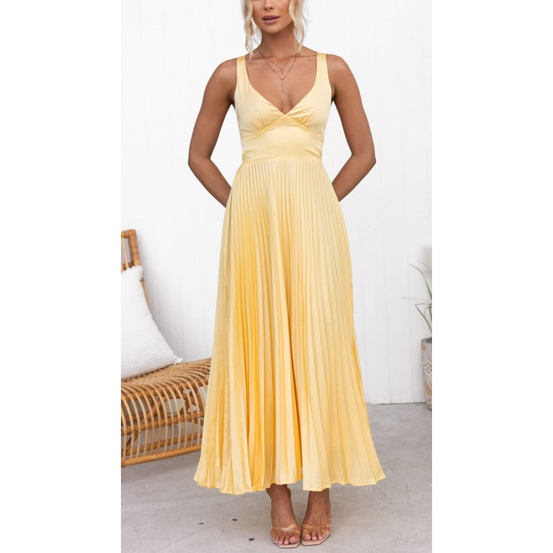 Aby - Gul maxikjole med plisseret V-udskæring