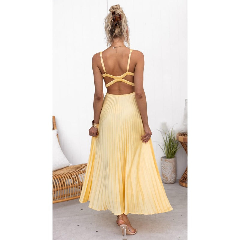 Aby - Gul maxikjole med plisseret V-udskæring