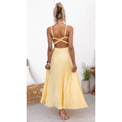 Aby - Gul maxikjole med plisseret V-udskæring