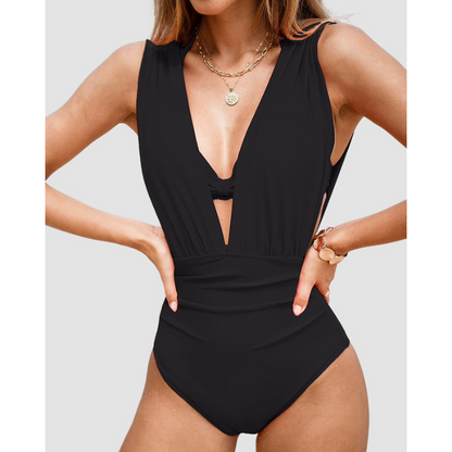 Luksusformende badedragt med dyb V-hals og strop