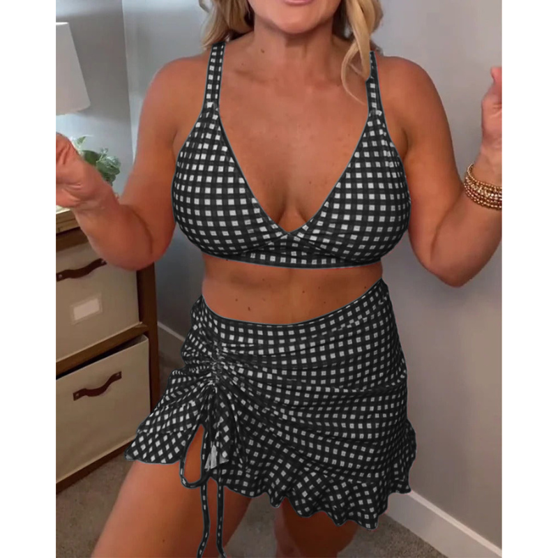 Badedragt med løse stropper og ternet mønster, todelt