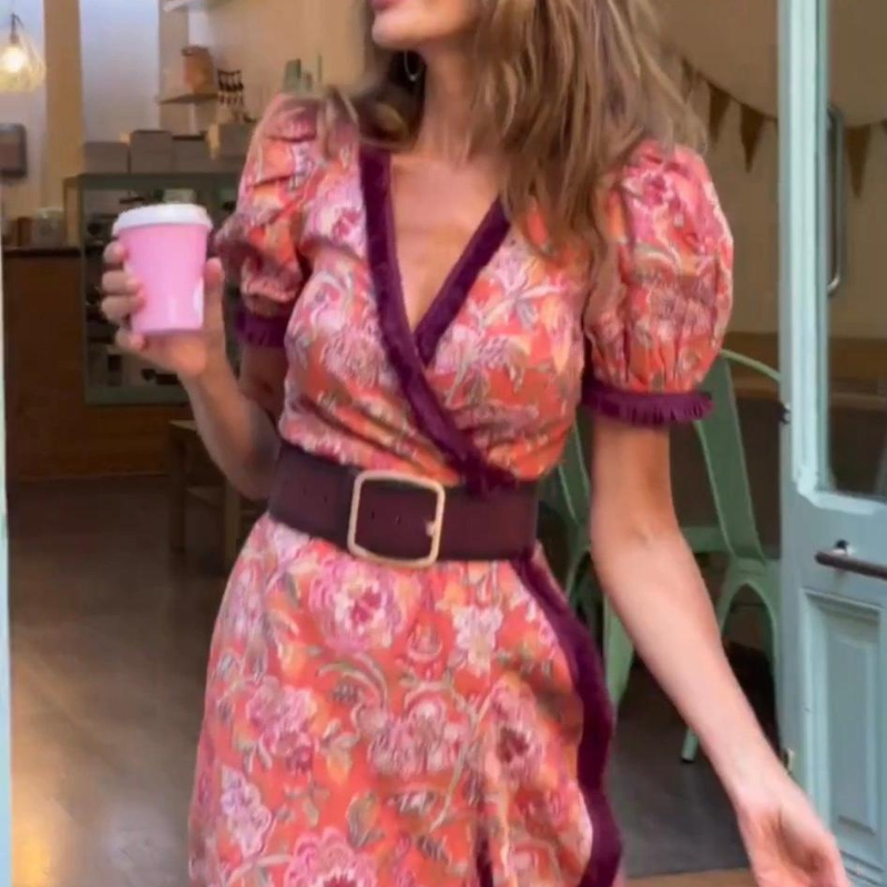 Elegant pink kortærmet maxikjole