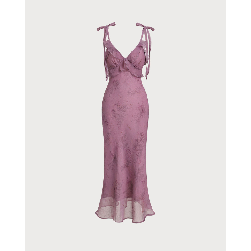 Emil™ - Lilla blomstret midikjole med flæser og bindebånd