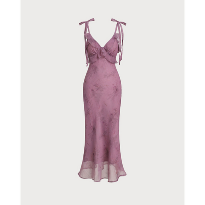 Emil™ - Lilla blomstret midikjole med flæser og bindebånd