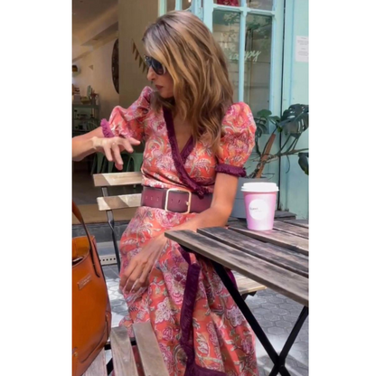 Elegant pink kortærmet maxikjole