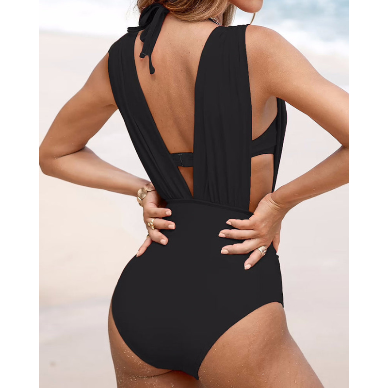 Luksusformende badedragt med dyb V-hals og strop