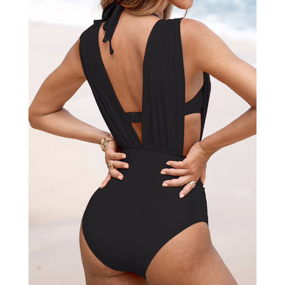 Luksusformende badedragt med dyb V-hals og strop