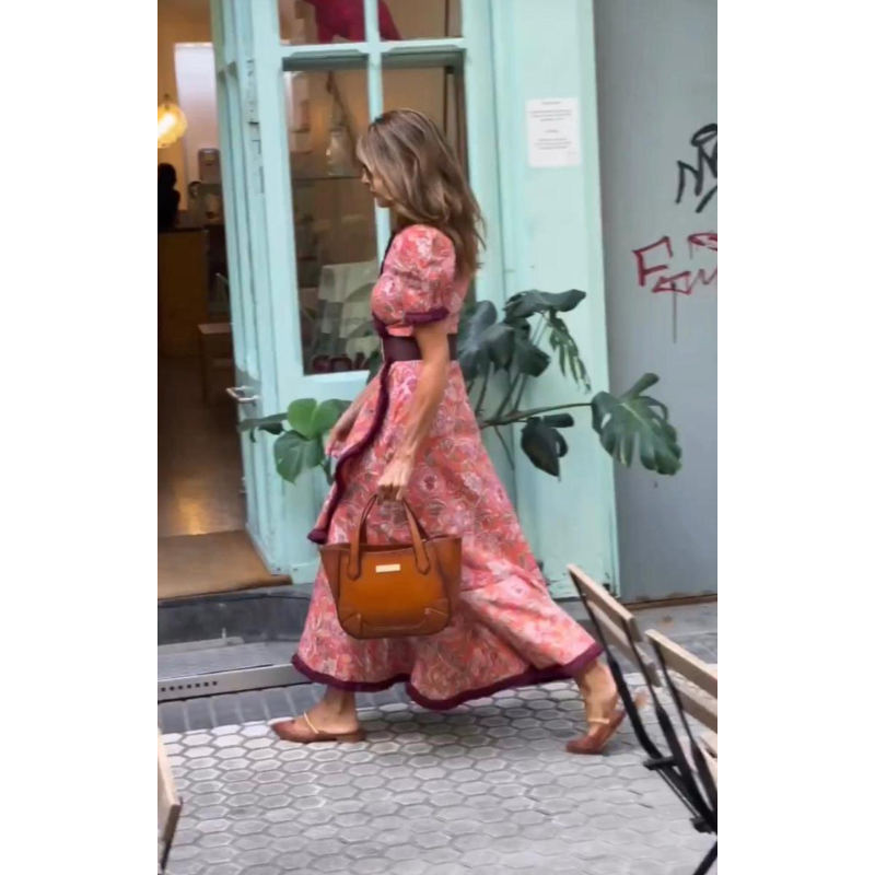 Elegant pink kortærmet maxikjole