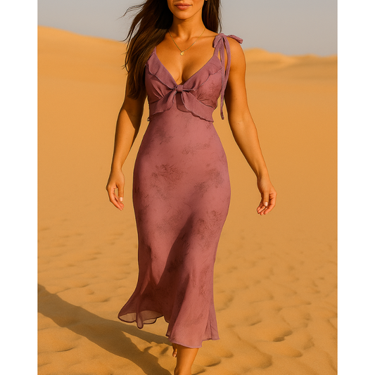 Emil™ - Lilla blomstret midikjole med flæser og bindebånd