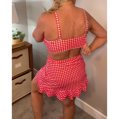 Badedragt med løse stropper og ternet mønster, todelt