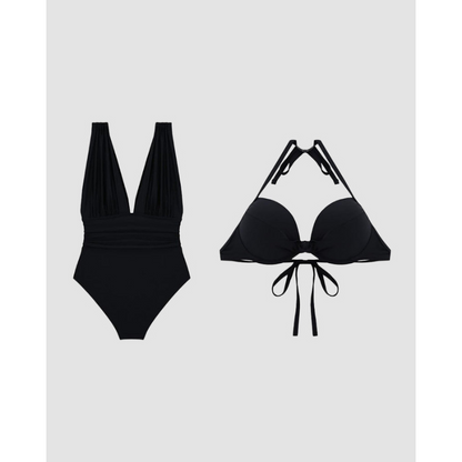 Luksusformende badedragt med dyb V-hals og strop