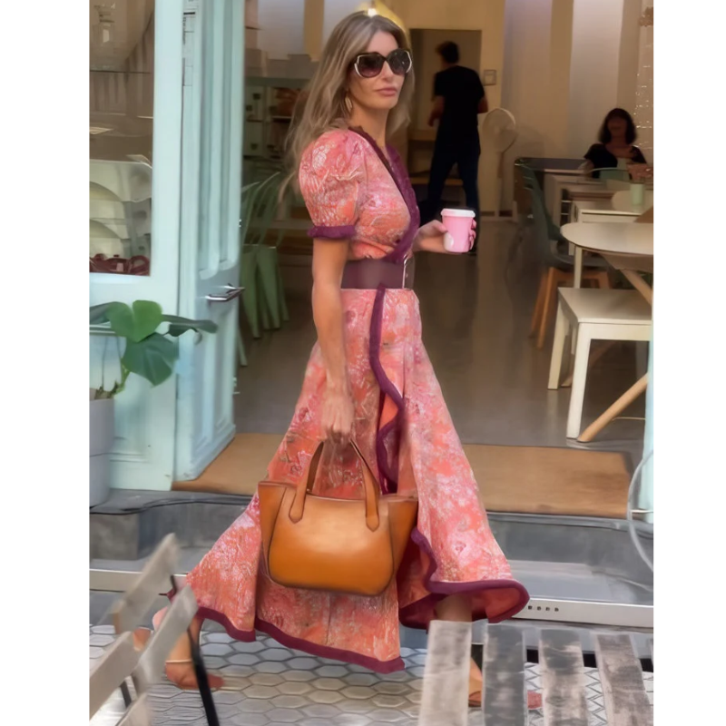 Elegant pink kortærmet maxikjole