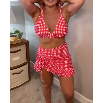 Badedragt med løse stropper og ternet mønster, todelt