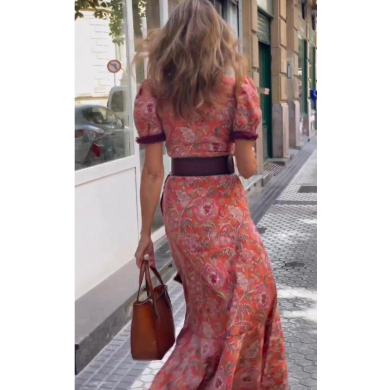 Elegant pink kortærmet maxikjole