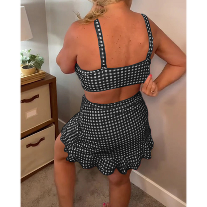 Badedragt med løse stropper og ternet mønster, todelt