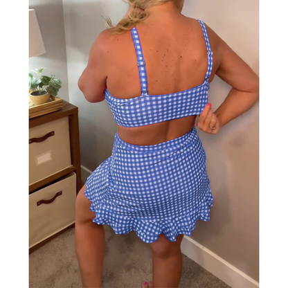 Badedragt med løse stropper og ternet mønster, todelt