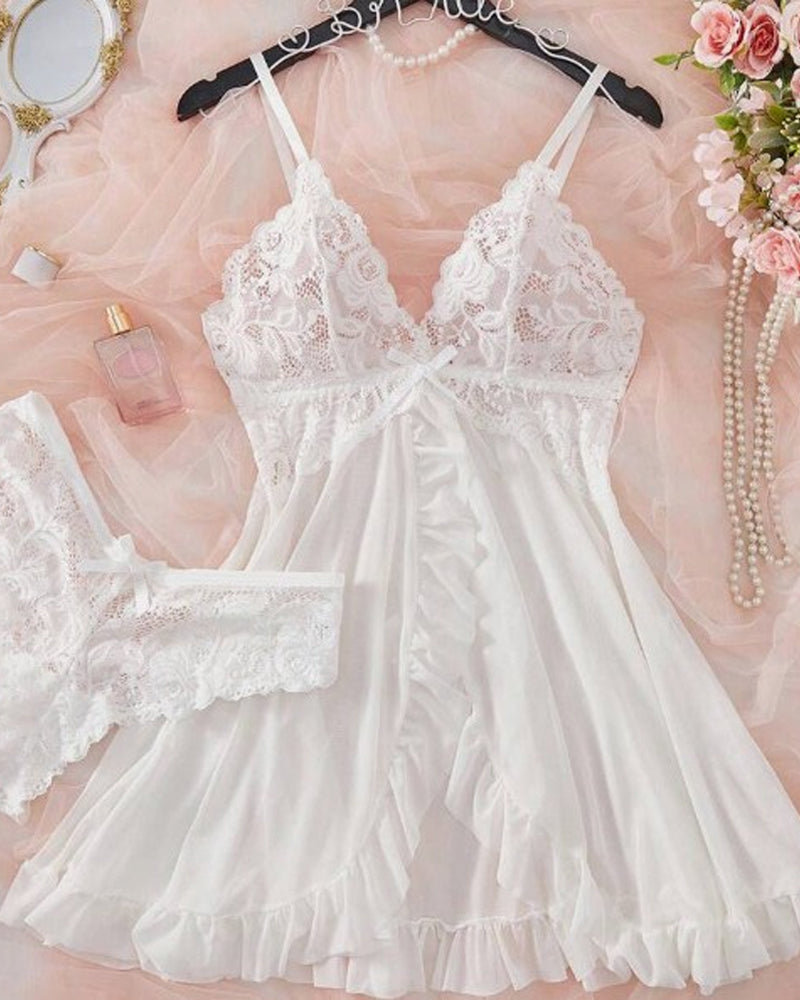 Lea™ | Gennemsigtigt mesh natkjolesæt med blonder