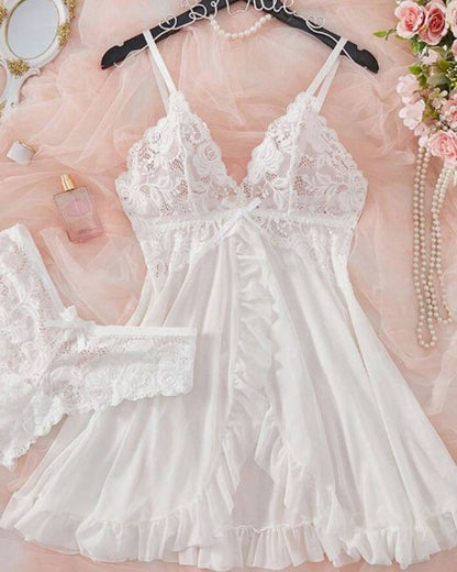 Lea™ | Gennemsigtigt mesh natkjolesæt med blonder