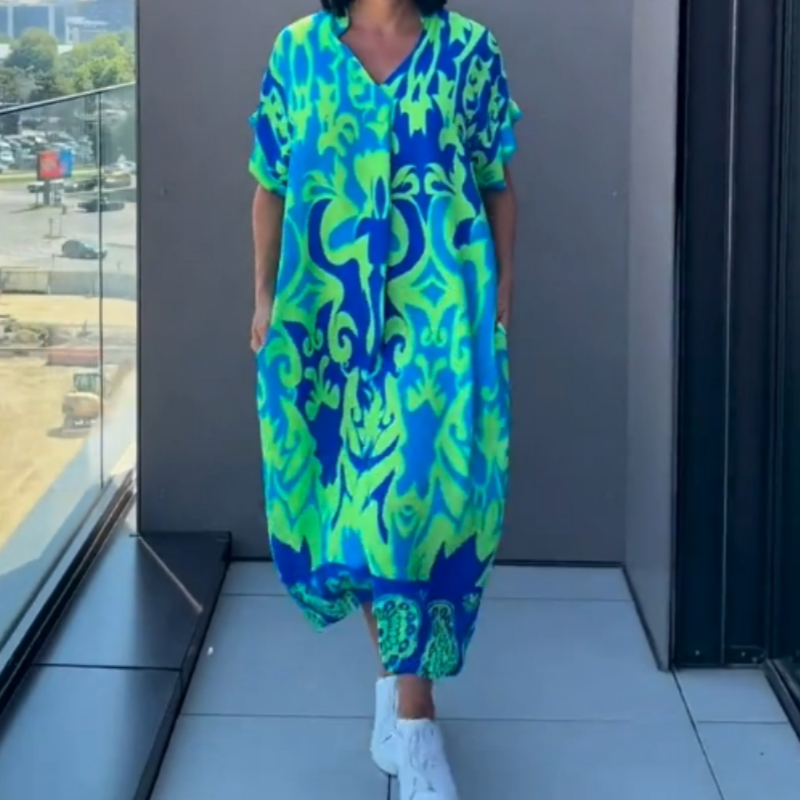 Afslappet elegant printet kjole med V-hals til kvinder