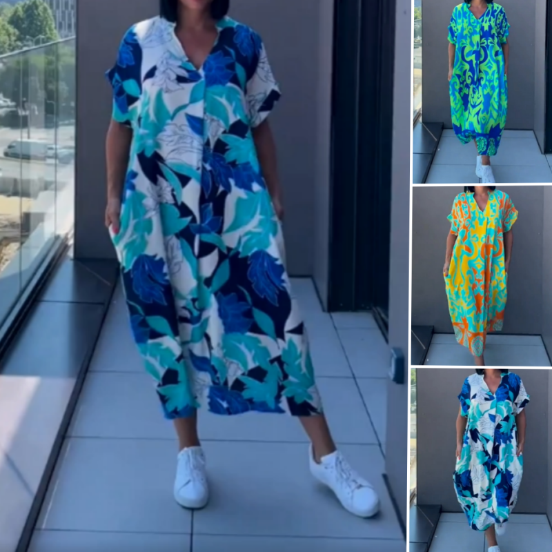 Afslappet elegant printet kjole med V-hals til kvinder
