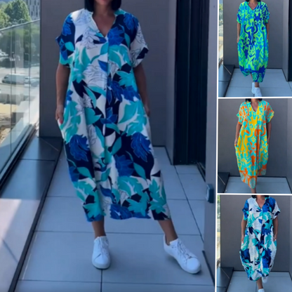 Afslappet elegant printet kjole med V-hals til kvinder