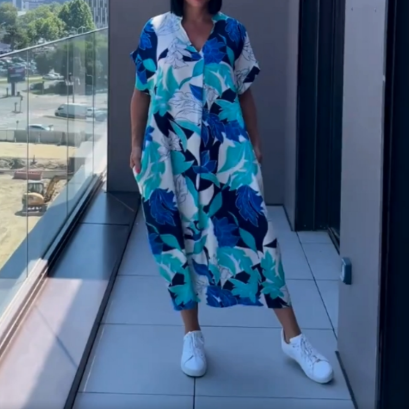 Afslappet elegant printet kjole med V-hals til kvinder