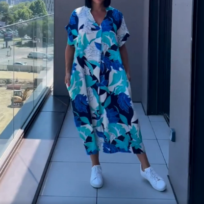 Afslappet elegant printet kjole med V-hals til kvinder