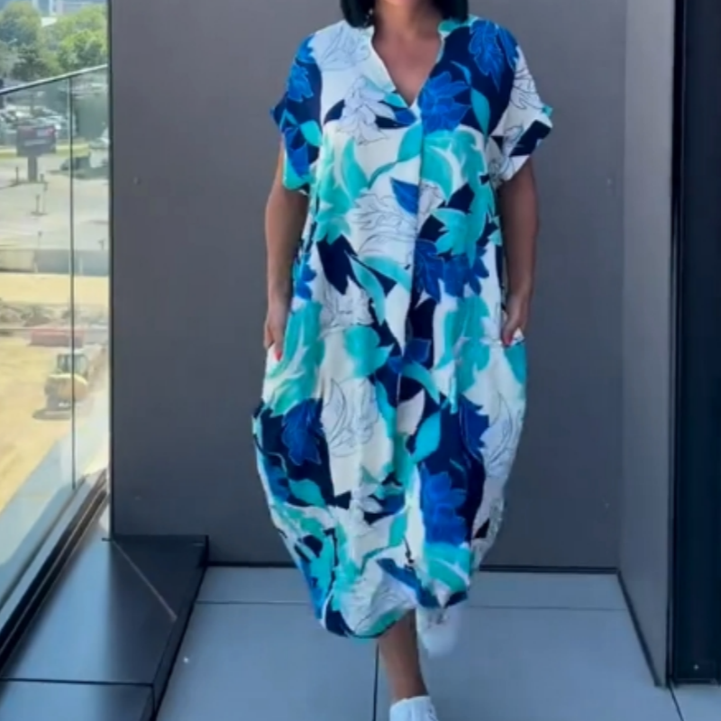 Afslappet elegant printet kjole med V-hals til kvinder