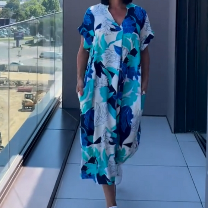 Afslappet elegant printet kjole med V-hals til kvinder